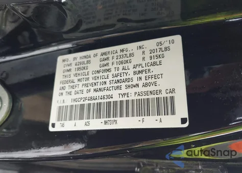 2010 Honda Accord 2.4 Lx-P z USA, uszkodzony, nr VIN 1HGCP2F48AA146304